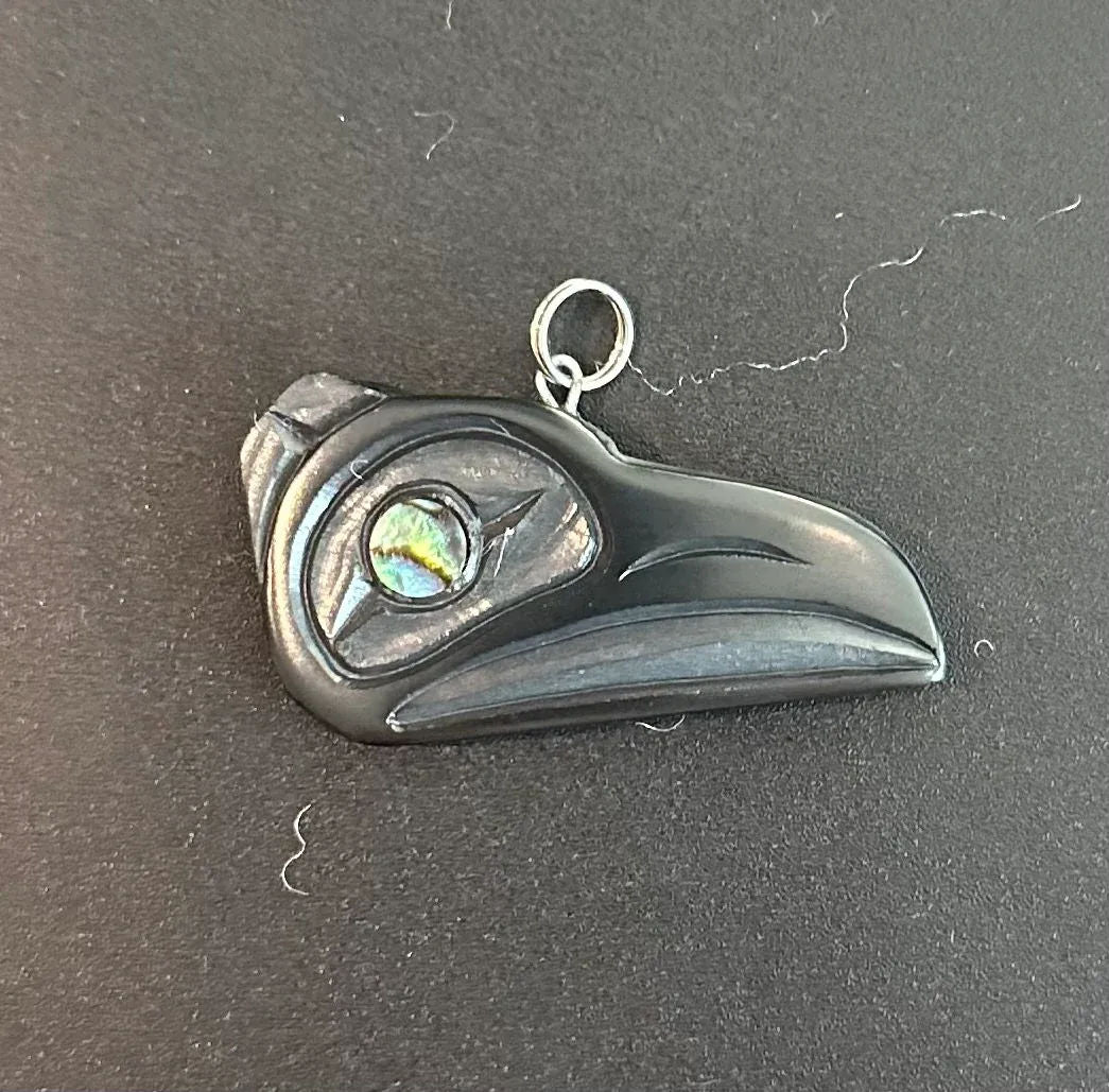 Various Argillite Pendants With Abalone Inlay By Haida Carver Amy Edgars