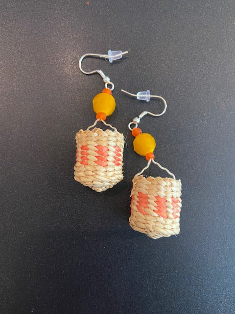 Tiny Spruce Root Basket Earrings With Orange Stripe & Yellow Glass Beads