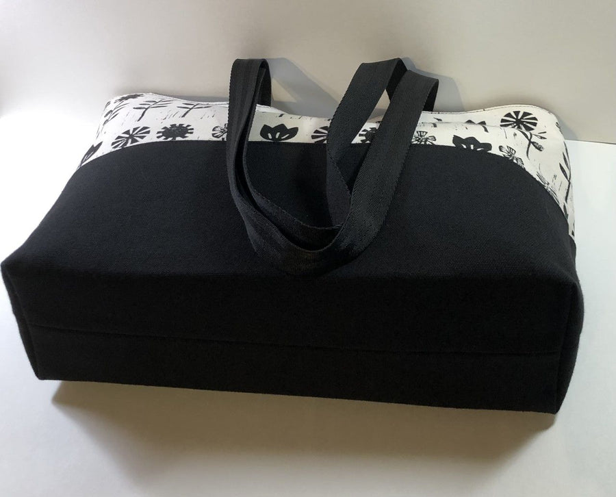 Tote bag - 2 tone Black flowers on cream with black canvas bottom