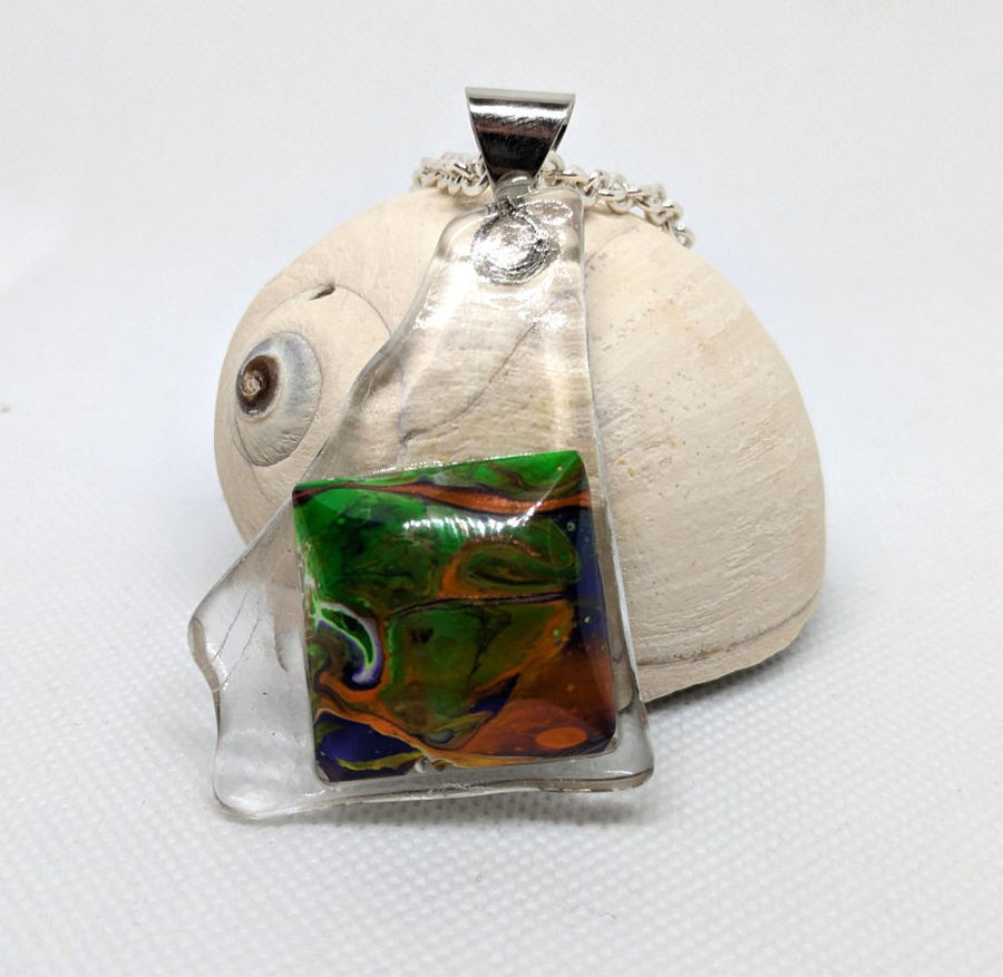Fused glass| acrylic paint skins| resin| pendant