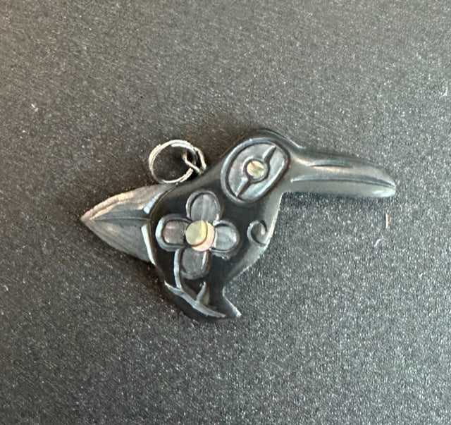 Argillite Hummingbird Pendant With Abalone Inlay By Haida Carver Amy Edgars
