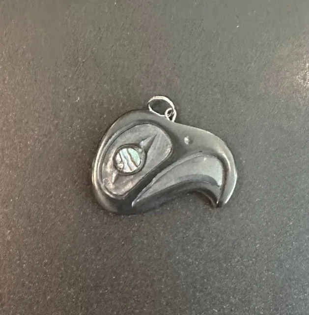 Various Argillite Pendants With Abalone Inlay By Haida Carver Amy Edgars
