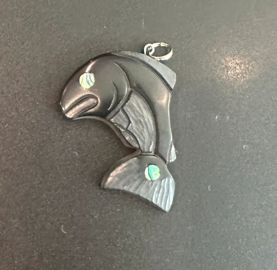 Various Argillite Pendants With Abalone Inlay By Haida Carver Amy Edgars