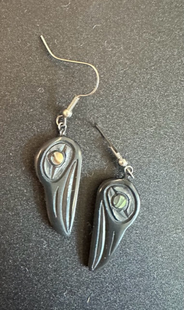 Argillite Hanging Earrings With Abalone Inlay By Haida Carver Amy Edgars